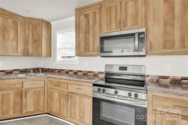 kitchen with sink, stainless steel appliances, and ornamental molding