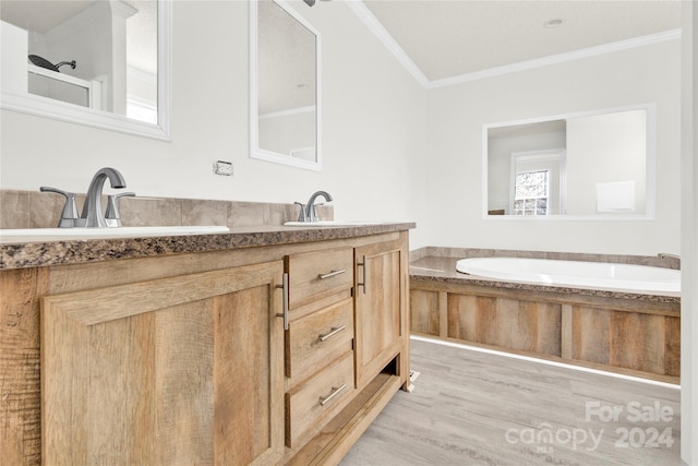 bathroom with a bathing tub, vanity, wood-type flooring, and ornamental molding