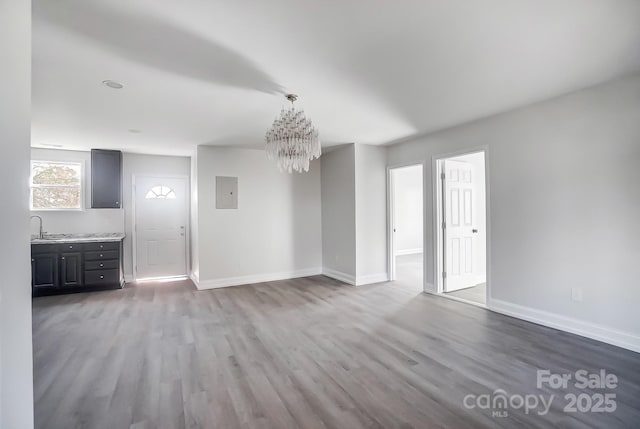 unfurnished room with electric panel, hardwood / wood-style floors, a chandelier, and sink