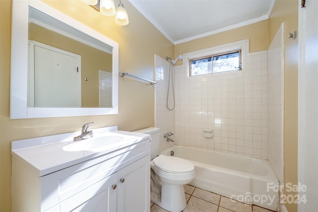 full bathroom featuring tile patterned flooring, vanity, tiled shower / bath combo, and ornamental molding