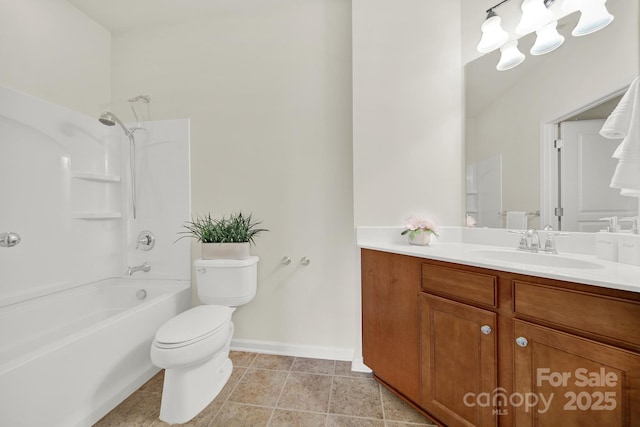 bathroom featuring toilet,  shower combination, tile patterned flooring, baseboards, and vanity