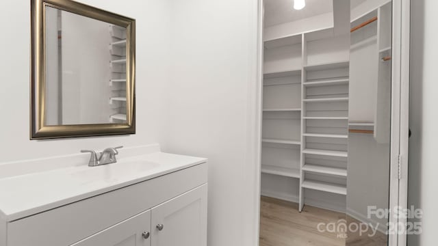 bathroom featuring a walk in closet, vanity, and wood finished floors