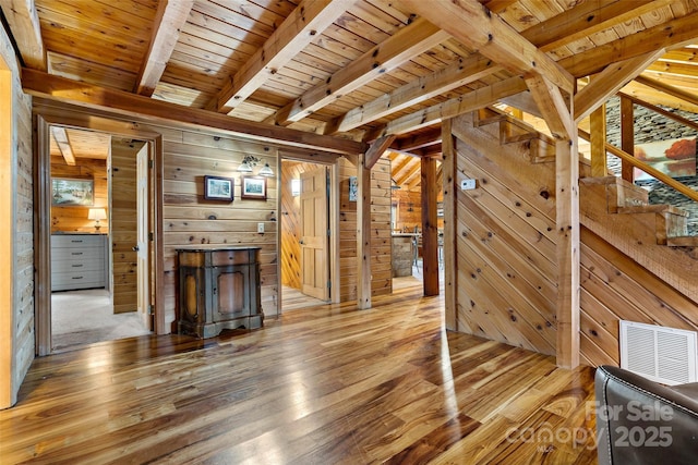 unfurnished living room featuring wooden ceiling, a wood stove, wooden walls, beamed ceiling, and wood-type flooring