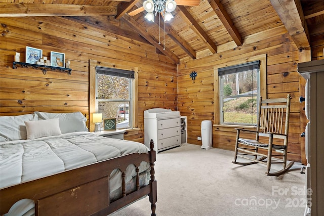 bedroom with ceiling fan, wooden ceiling, lofted ceiling with beams, light colored carpet, and wooden walls