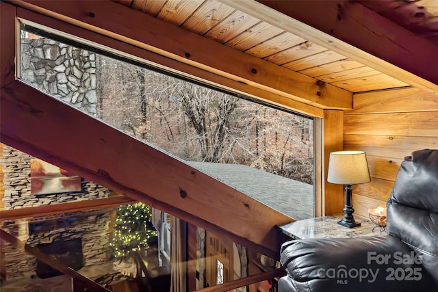 interior details featuring beamed ceiling, wood walls, and wood ceiling