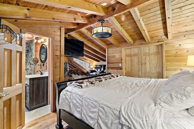 bedroom featuring lofted ceiling with beams, wooden walls, and wooden ceiling