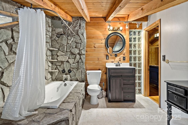 full bathroom with shower / bath combination with curtain, vanity, beam ceiling, wooden ceiling, and toilet