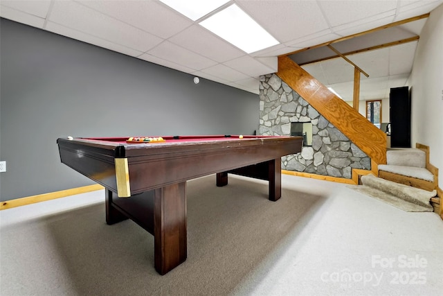 game room featuring carpet, a paneled ceiling, and pool table