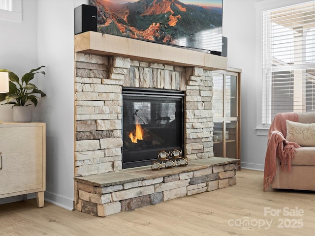 room details with a fireplace, wood finished floors, and baseboards