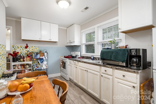 kitchen with stove, crown molding, sink, white cabinets, and light hardwood / wood-style floors