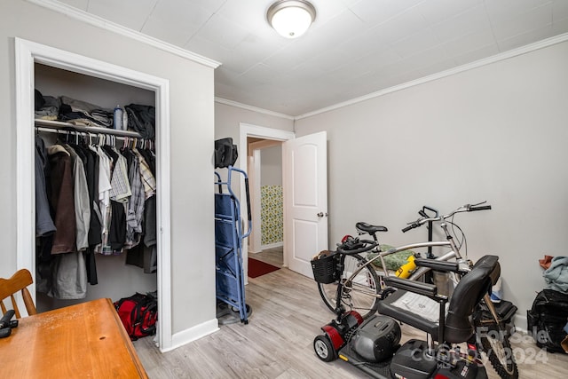 workout room with light hardwood / wood-style floors and ornamental molding