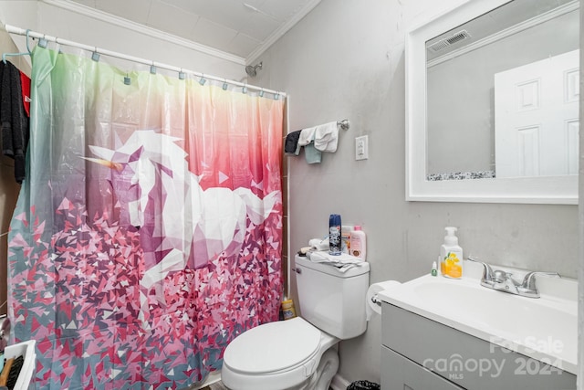 bathroom featuring vanity, curtained shower, toilet, and crown molding