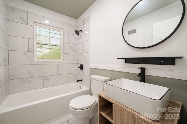 full bathroom with toilet, bathtub / shower combination, visible vents, and vanity