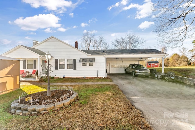 ranch-style house with a front yard and a carport