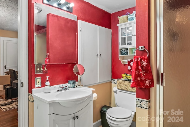 bathroom with vanity, a textured ceiling, and toilet