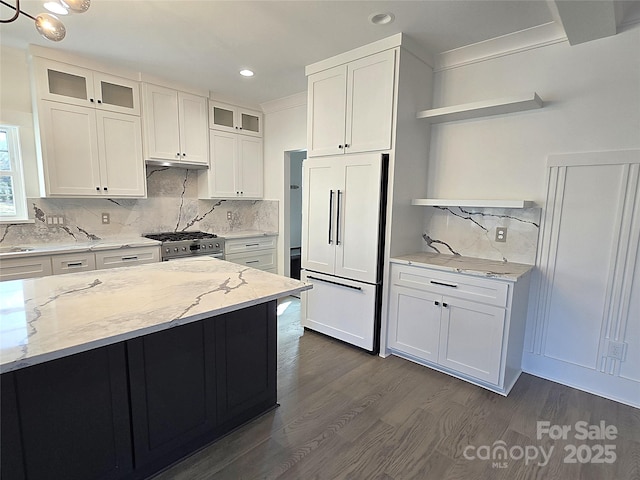 kitchen with white cabinets, dark wood-type flooring, light stone countertops, and high quality appliances