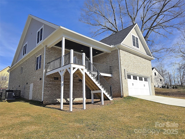 view of property exterior with a yard, a garage, and central air condition unit