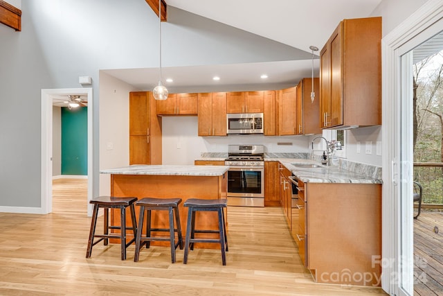 kitchen featuring light hardwood / wood-style flooring, stainless steel appliances, a kitchen island, and sink