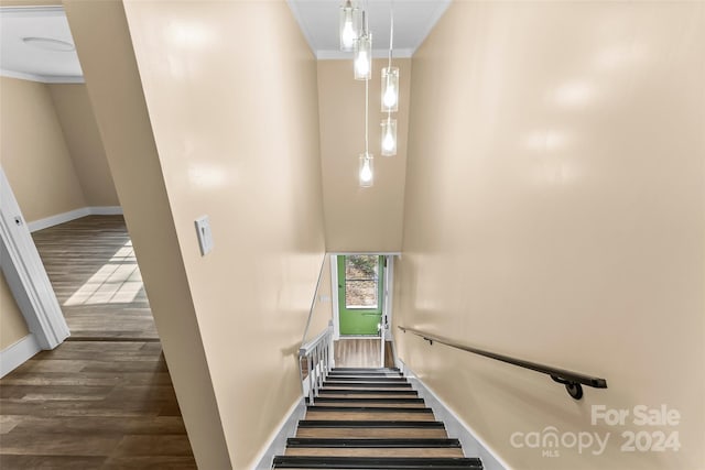 staircase with wood-type flooring and ornamental molding