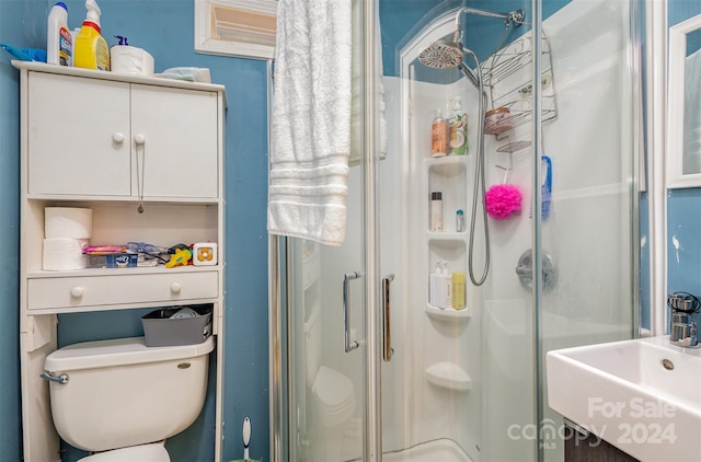 bathroom with vanity, toilet, and a shower with door