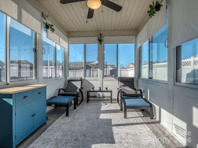 sunroom with ceiling fan and wood ceiling