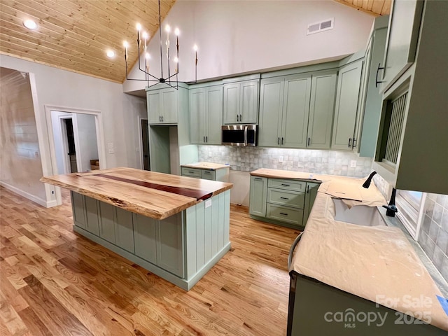 kitchen with sink, wood ceiling, butcher block counters, backsplash, and green cabinetry