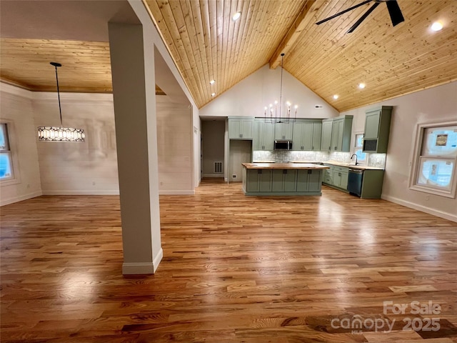 kitchen with pendant lighting, green cabinets, wood ceiling, and appliances with stainless steel finishes