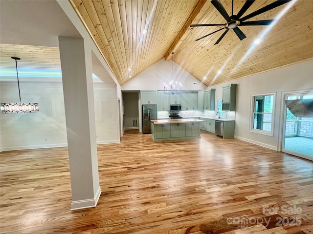 unfurnished living room featuring light wood-style flooring, ceiling fan, baseboards, a sink, and high vaulted ceiling
