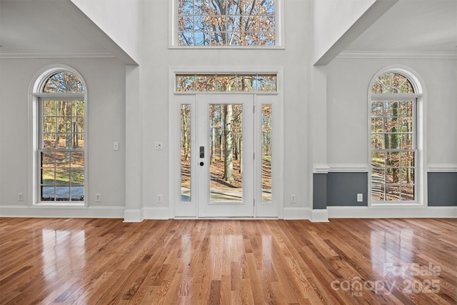 entryway featuring light wood-type flooring and crown molding