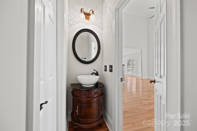 bathroom featuring ornamental molding, vanity, and hardwood / wood-style flooring