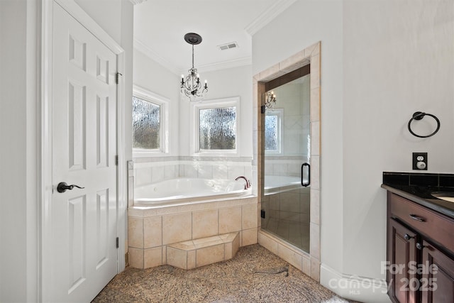 bathroom with vanity, an inviting chandelier, independent shower and bath, and crown molding