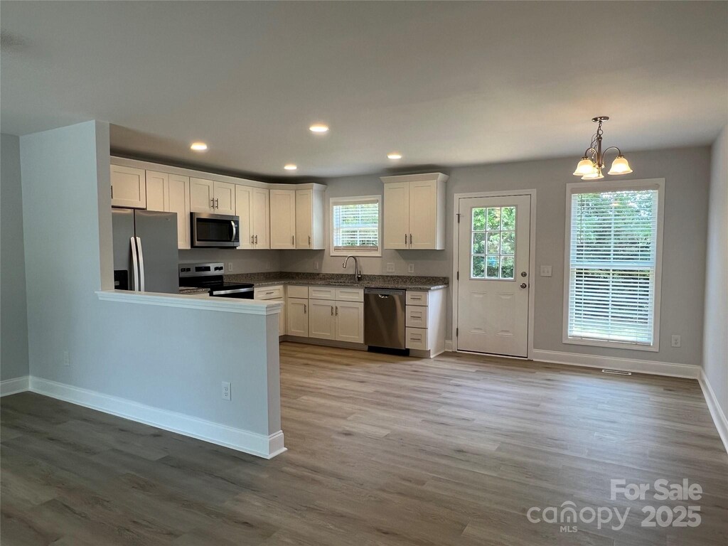 718 Park Ave, Salisbury, NC 28144 - kitchen featuring stainless steel appliances, white cabinetry, wood finished floors, baseboards, and recessed lighting