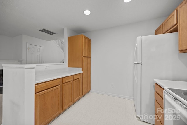 kitchen featuring white electric range oven and kitchen peninsula