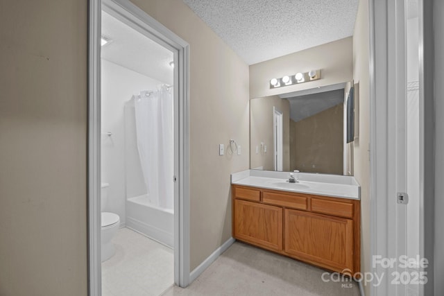 full bathroom with vanity, toilet, a textured ceiling, and shower / bathtub combination with curtain