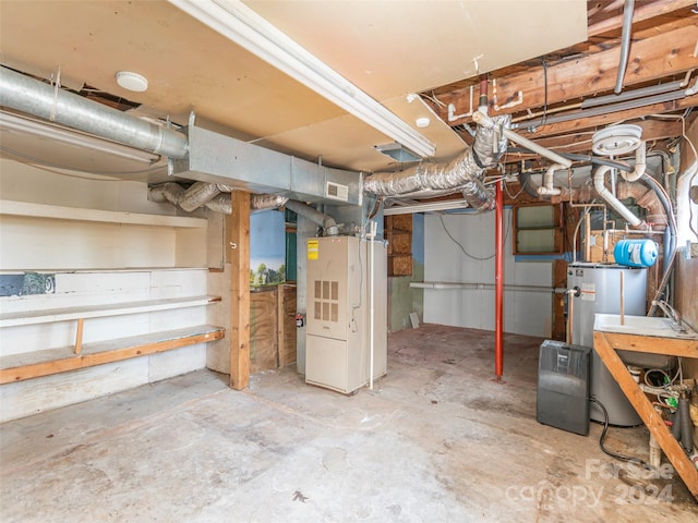 basement with gas water heater and heating unit