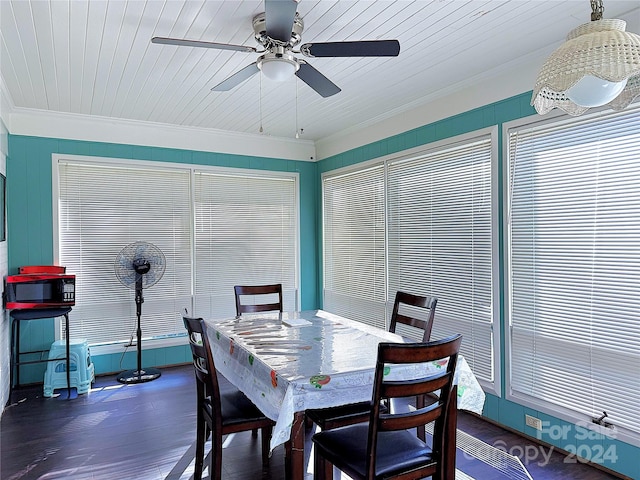 dining area featuring wooden ceiling, dark hardwood / wood-style floors, ceiling fan, and crown molding