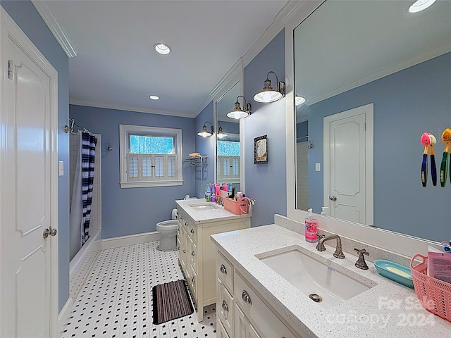 bathroom with a shower with curtain, vanity, toilet, and crown molding