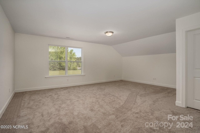 additional living space featuring light colored carpet and lofted ceiling