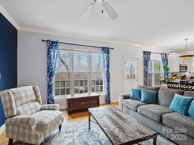 living room with crown molding, ceiling fan, and light wood-type flooring