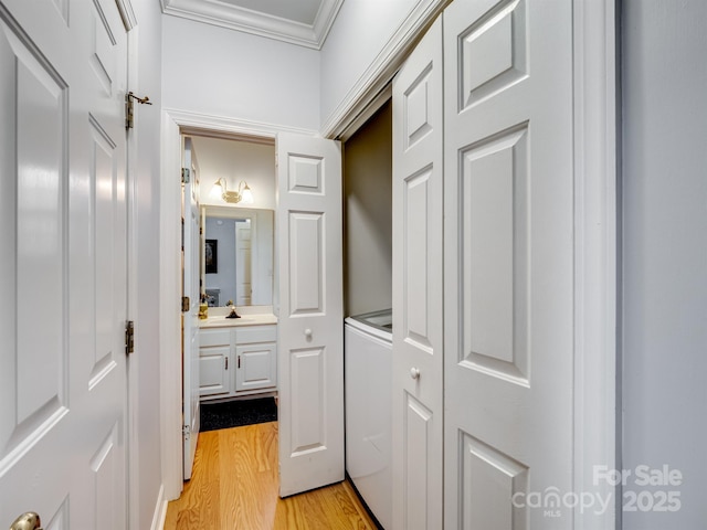 bathroom with vanity, crown molding, and wood-type flooring