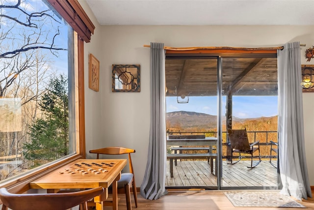 doorway to outside with a mountain view and hardwood / wood-style floors