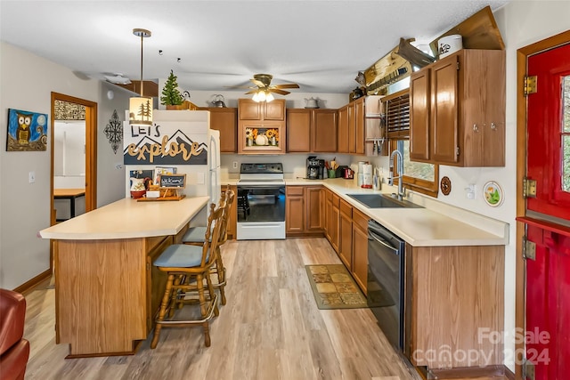 kitchen with dishwasher, white range oven, plenty of natural light, and hanging light fixtures