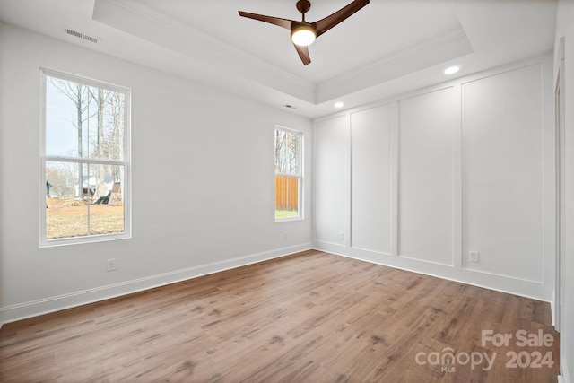 empty room with plenty of natural light, light hardwood / wood-style flooring, and a tray ceiling