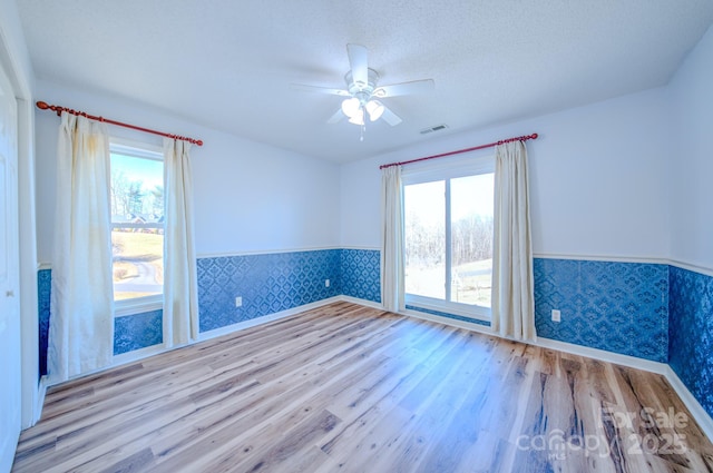 unfurnished room featuring a textured ceiling, a wealth of natural light, light hardwood / wood-style floors, and ceiling fan