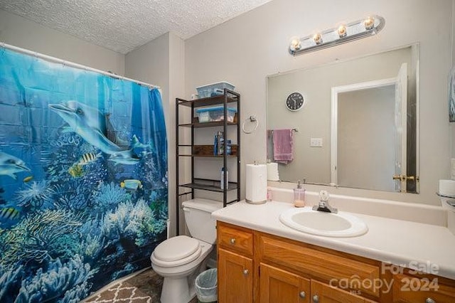 bathroom with vanity, a textured ceiling, toilet, and a shower with shower curtain