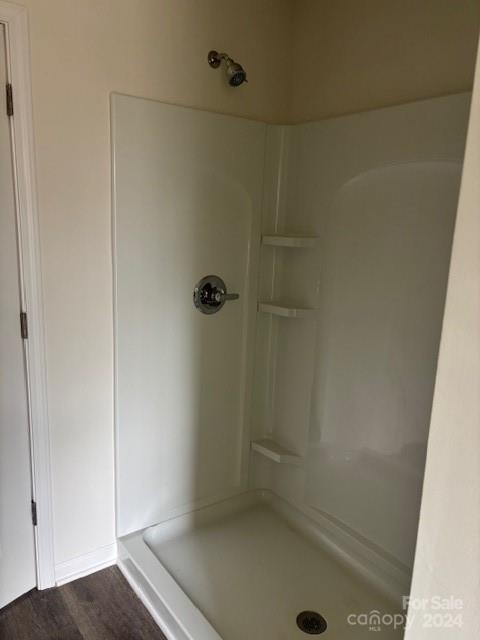 bathroom with a shower and wood-type flooring