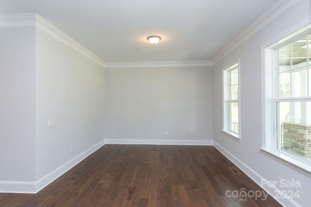 unfurnished room with crown molding and dark hardwood / wood-style floors