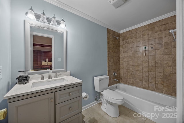 full bathroom with tile patterned floors, toilet, crown molding, vanity, and tiled shower / bath combo