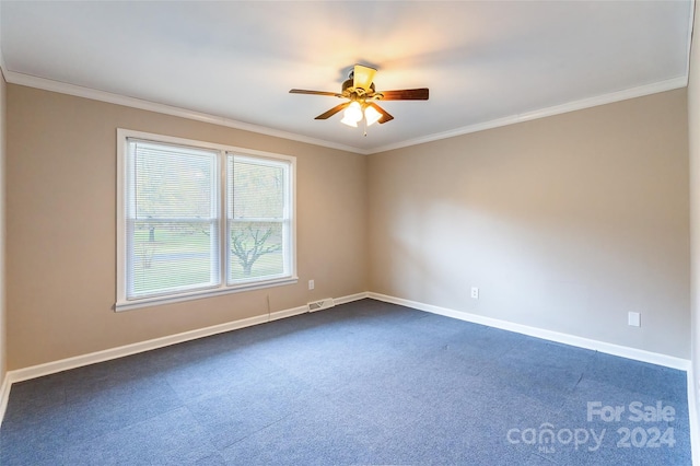 carpeted empty room featuring crown molding and ceiling fan