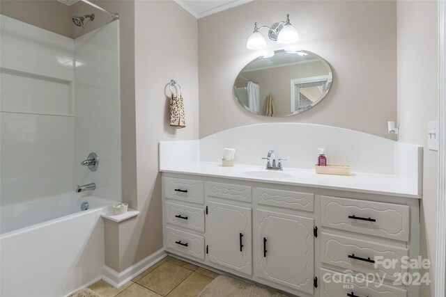 bathroom featuring tile patterned flooring, vanity, shower / bathtub combination, and crown molding